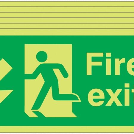 6PFX04010L - 150x300 6 pack 150x300 Fire Exit Running Man Arrow Down Left - Nite Glo Self Adhesive