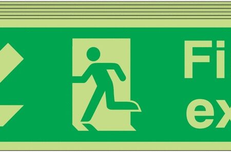 6PFX04011L - 150x450 6 pack 150x450 Fire Exit Running Man Arrow Down Left - Nite Glo Self Adhesive