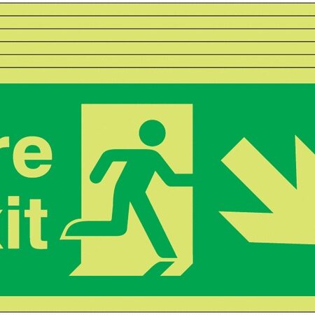 6PFX04110L - 150x300 6 pack 150x300 Fire Exit Running Man Arrow Down Right - Nite Glo Self Adhesive