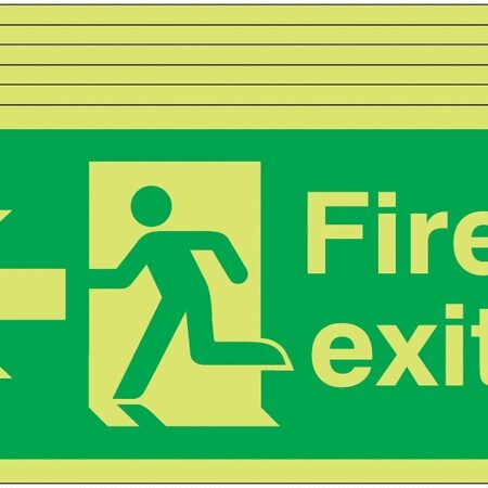 6PFX04310L - 150x300 6 pack 150x300 Fire Exit Running Man Arrow Left - Nite Glo Self Adhesive