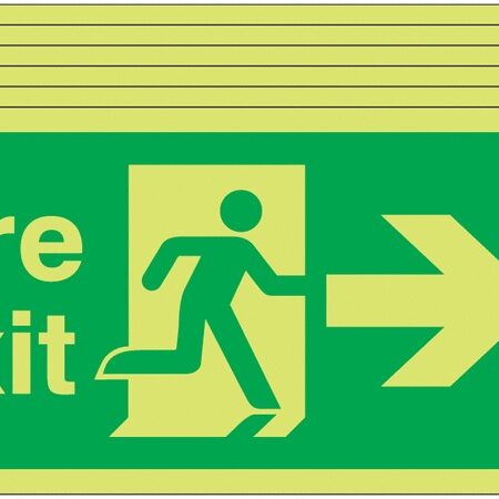 6PFX04410L - 150x300 6 pack 150x300 Fire Exit Running Man Arrow Right - Nite Glo Self Adhesive