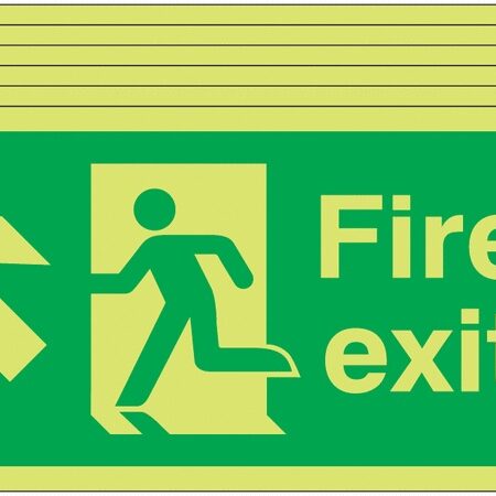 6PFX04510L - 150x300 6 pack 150x300 Fire Exit Running Man Arrow Up Left - Nite Glo Self Adhesive