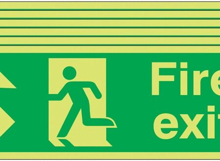 6PFX04511L - 150x450 6 pack 150x450 Fire Exit Running Man Arrow Up Left - Nite Glo Self Adhesive