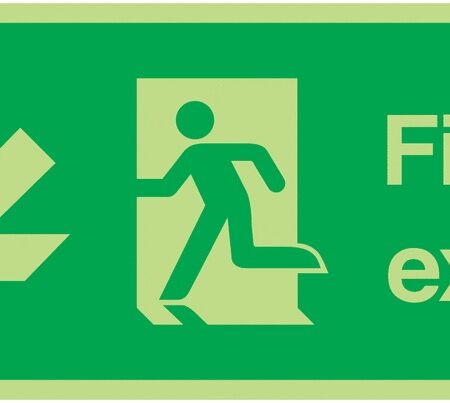 FX04010L - 150x300mm Fire Exit Running Man Arrow Down Left - Nite Glo Self Adhesive