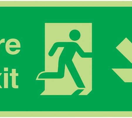 FX04110L - 150x300mm Fire Exit Running Man Arrow Down Right - Nite Glo Self Adhesive