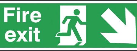 FX04111R - 150x450mm Fire Exit Running Man Arrow Down Right - Rigid