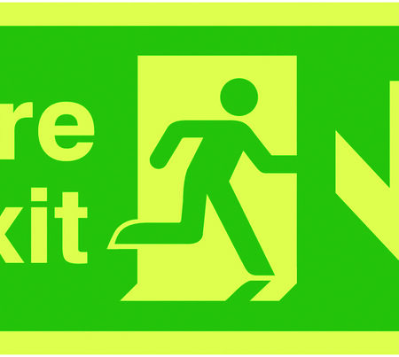 FX04210L - 150x300mm Fire Exit Running Man Arrow Down - Nite Glo Self Adhesive