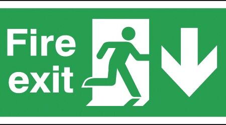 FX04210S - 150x300mm Fire Exit Running Man Arrow Down - Self Adhesive