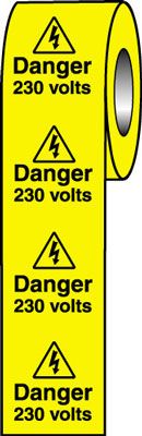 LR34/S - Roll of 250 - 50x50mm Danger 230 Volts