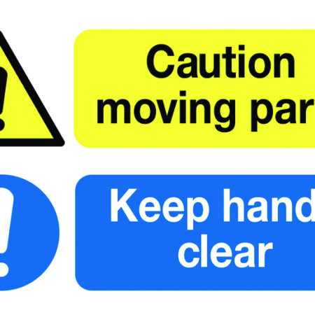 MHL9A - 58x90mm Caution Moving Parts Keep Hands Clear - Pk of 6