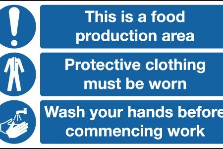 MS06436S - 450x600mm This Is A Food Production Area, Protective Clothing Must Be Worn, Wash Hands - Self Adhesive