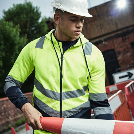 TRF625- Regatta Pro Hi Vis Full Zip Hoodie Yellow/Navy. Angled hi-vis chevrons show which way you’re facing in low light.