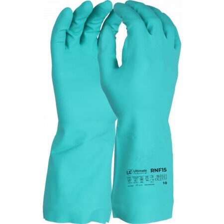 RNF15 - Premium chemical resistant 13 inch flock lined green nitrile gauntlet.