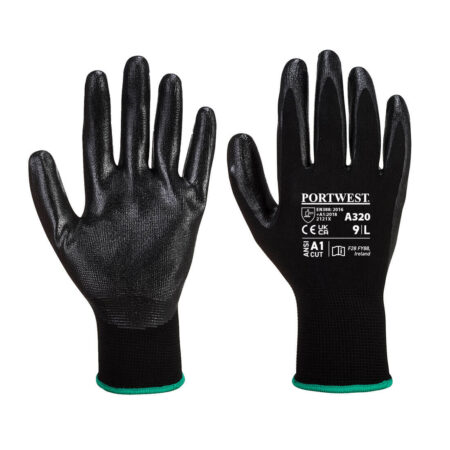 A320 - Portwest Dexti-Grip Glove Black  13 gauge liner with a flexible nitrile foam palm coating