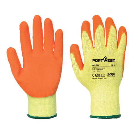 Portwest A150 ORANGE LATEX GRIP WITH RECYCLED POLYCOTTON LINER, tough, general purpose glove, crinkle latex coating Case Price £78.00-£0.65/Pair