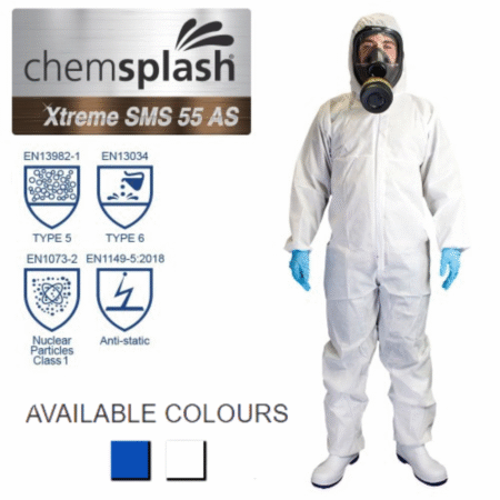 2503 Chemsplash Xtreme 50 SMS AS Anti-Static Coverall Type 5/6 EN ISO 13982-1 and EN ISO 13034 for protection against liquid spray and hazardous particles.
