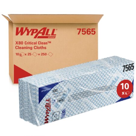 WypAll® X80 Critical Clean™ 7565 Colour Coded Heavy Duty Cleaning Cloths – Blue, 25 Wipes per Pack, Case of 10 (250 total)